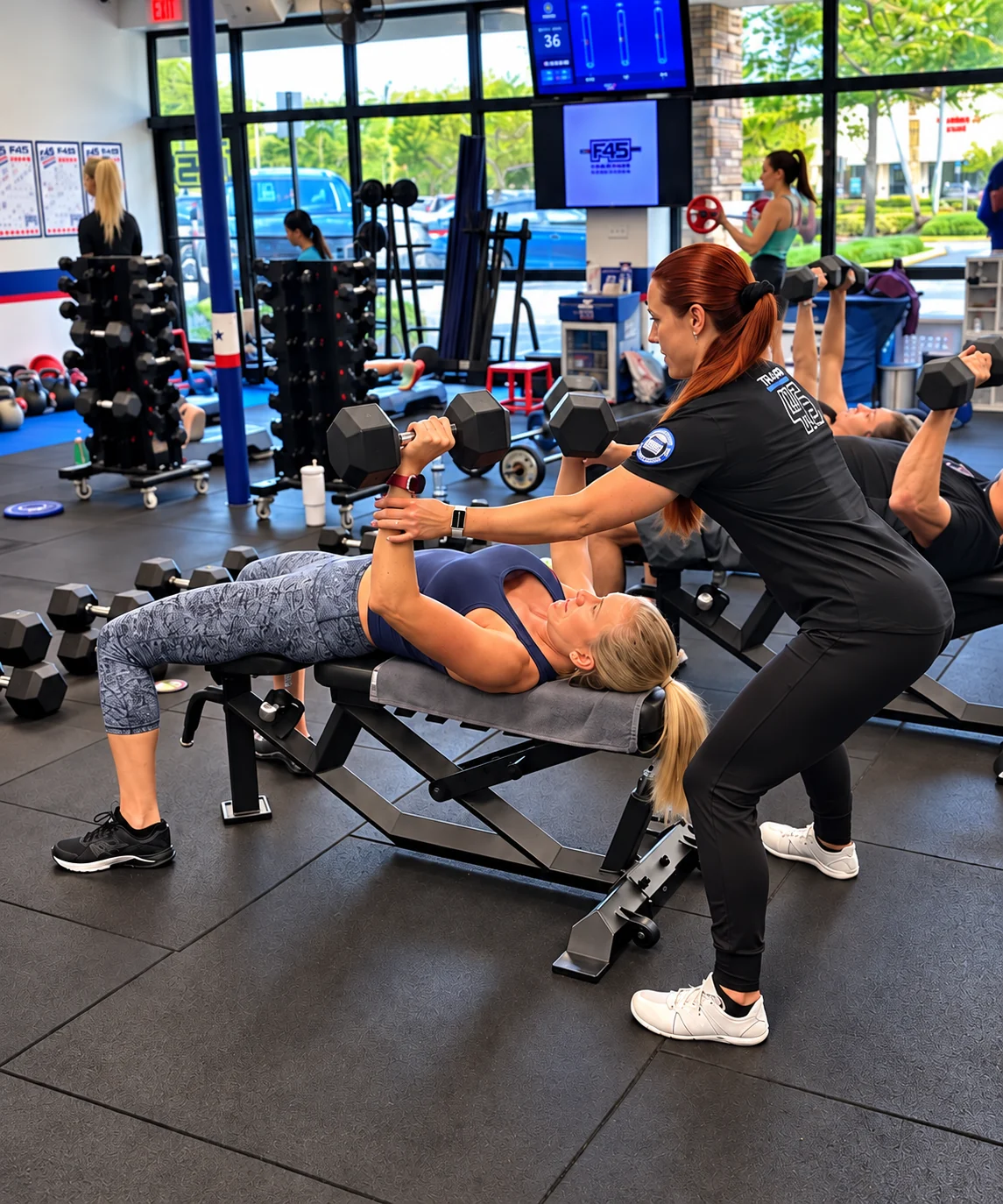 F45 coach helping a member during a strength workout